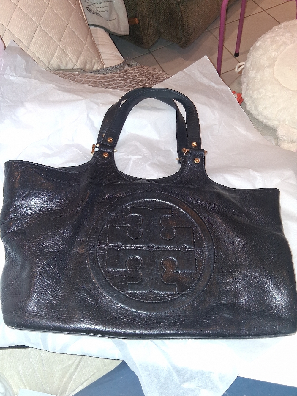 Tory Burch Black Embossed Logo Leather Tote